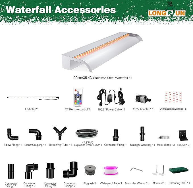 Waterfall Pool Fountain, LONGRUN Stainless Steel Waterfall Spillway for Pools and Ponds - 35.4" Wide Decorative Water Feature for Swimming Pools, Koi Ponds, and Garden