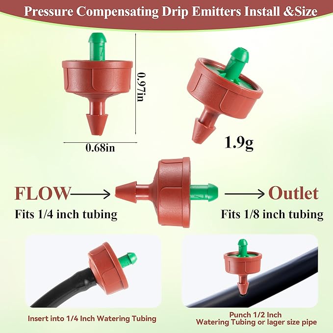 200Pcs 0.25 GPH Pressure Compensating Irrigation Spot Drippers,Constant Flow Barb Outlet Watering Dripper Emitters Heads Parts for 1/4 Inch Watering Tubing Line for Garden Pots Plant Irrigation System