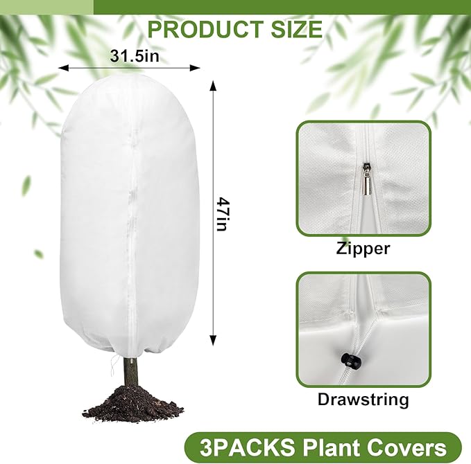 3PCS Plant Covers Freeze Protection, 47" X 31.5" Round Top Winter Zipper Plant Covers with Drawstring, Plant Protection Cover Bags, Frost Blankets Frost Cloth for Fruit Tree Potted Plants