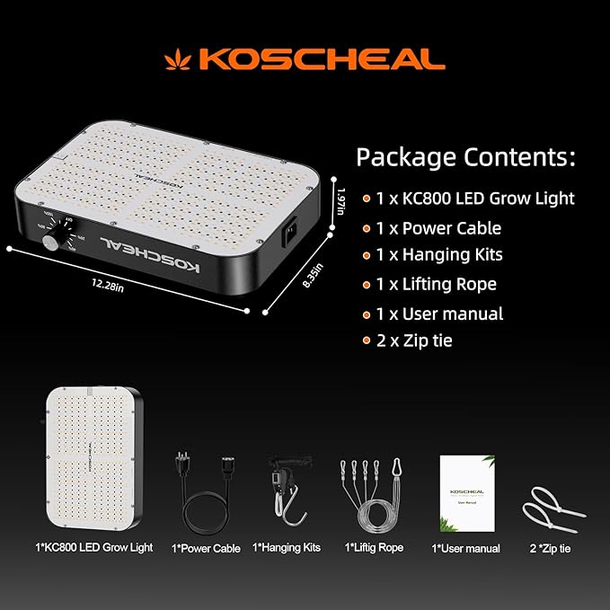 KOSCHEAL KC800 LED Grow Light,80W Full Spectrum Led Grow Lights for Indoor Plants,2.9μmol/J PAR,LM301H EVO Full Spectrum Grow Light,Veg Bloom Light,Daisy Chain Dimmable Grow Lamp,Built-in Silent Fan