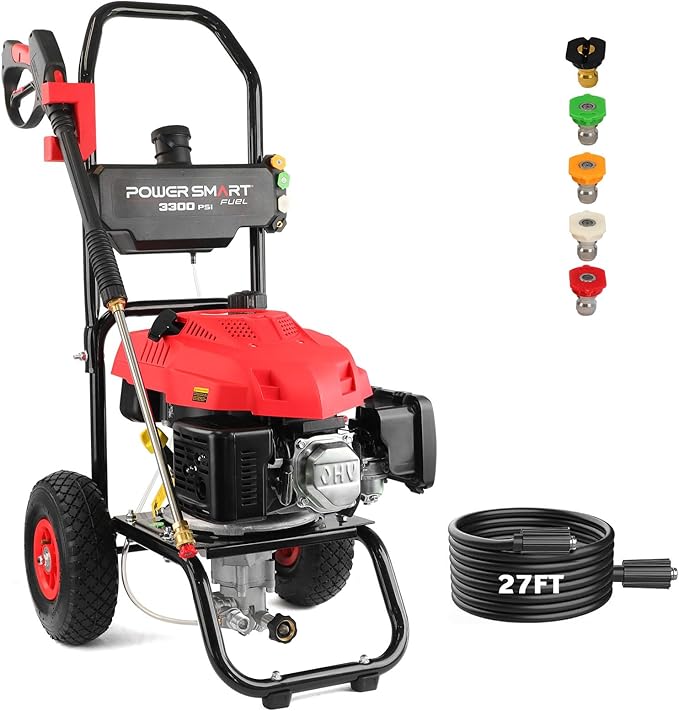 PowerSmart Gas Pressure Washer - 3300 PSI, 2.5 GPM with Onboard Soap Tank, Spray Gun & Wand, and 5 Nozzles - Perfect for Cleaning Cars, Fences, Driveways, Homes, Patios & Furniture