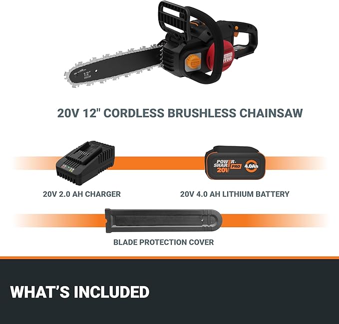 Worx Nitro 20V 12" Cordless Brushless Chainsaw 4.0 Ah Battery and Charger Included WG350