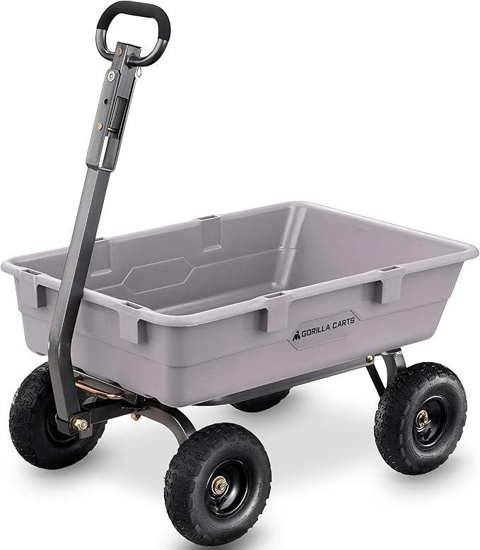 Gorilla Carts Heavy-Duty Poly Dump Cart, 5 Cu Ft Tub, 800 lb Haul Capacity, Gray – Towable Utility Wagon with Quick-Release Dumping & Pneumatic Tires for Yard, Landscaping and Gardening