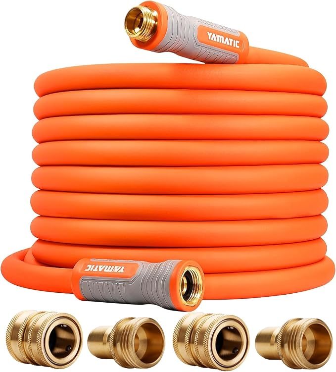 YAMATIC Garden Hose 5/8 in x 60 ft, Ergonomic Swivel Fittings, Burst 600 PSI, Heavy Duty, Flexible and Lightweight Water Hose with 2 Set Quick Connect