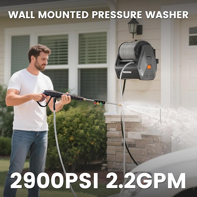 Giraffe Tools Grandfalls Retractable Wall Mount Pressure Washer Plus, Max 2900PSI 2.2 GPM, Electric Power Washer with 100ft Pressure Hose for Car/Patios, Automatic Rewind, Dark Silver