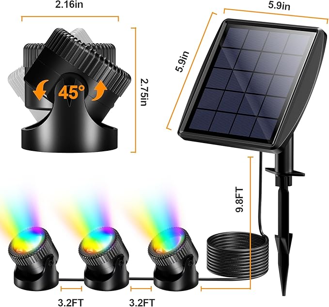 POPOSOAP Solar Pond Lights, RGB Multi-Color Pond Lights Waterproof IP68, Underwater Light with Timer Modes Options for Pond Fountain Pool Garden Decoration(3 Headlamp)