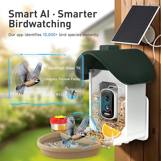 ChirpingPal™ AI Smart Bird & Hummingbird Feeder with Camera | 2.5K HD Live View & Photos | Night Vision | 10,000+ Species ID | Solar-Powered with Built-in Battery | with Bird Bath Kit | Green & White