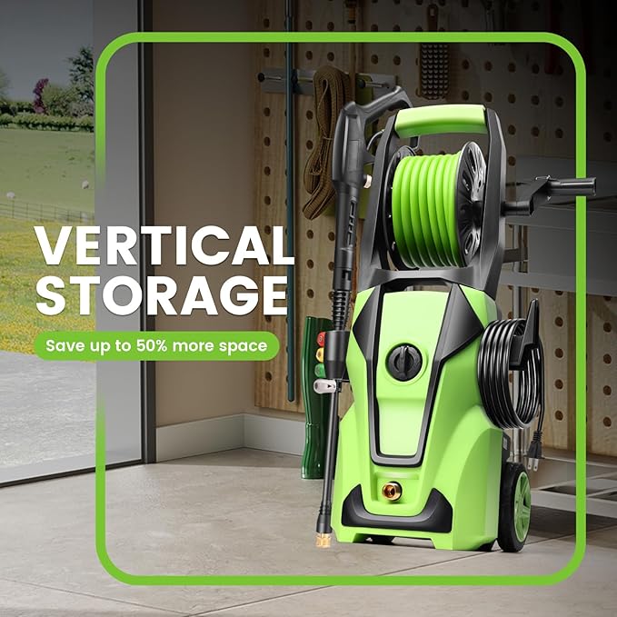 Electric Pressure Washer Adjustable 5000PSI 4.0 GPM Power Washers Electric Powered with 33ft Hose Reel, 4 Nozzle and Foam Cannon, Powerwashers Cleaner Machine for Home, Cars, Patio, Green