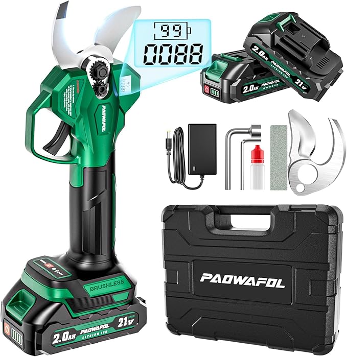 Electric Pruning Shears, 1.4 inch (35mm) Cutting Diameter Cordless Electric Scissors with LCD Display, 21V Brushless Motor Branch Cutter with 2 PCS Rechargeable 2000mAh Batteries & 2 Blades