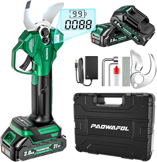 Electric Pruning Shears, 1.4 inch (35mm) Cutting Diameter Cordless Electric Scissors with LCD Display, 21V Brushless Motor Branch Cutter with 2 PCS Rechargeable 2000mAh Batteries & 2 Blades