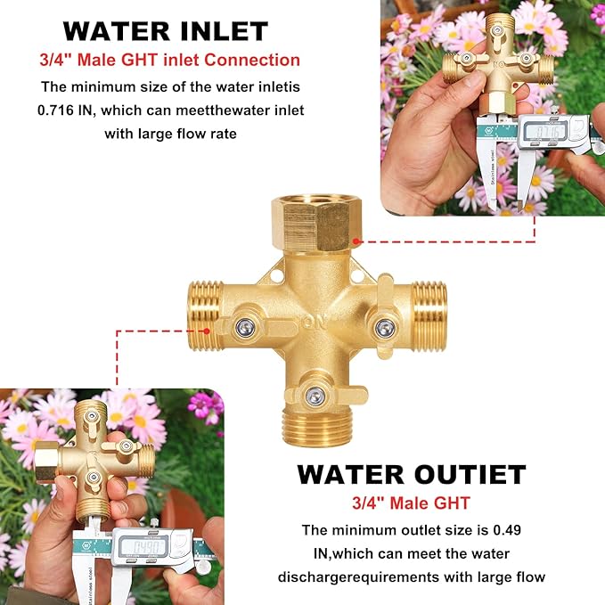 Garden Hose Splitter High Flow Splitter No Restricted-Flow Connector Heavy Duty Brass Hose Splitter with Shut Off Valves 3 way Hose Bib Adapter (Cross 3 way)