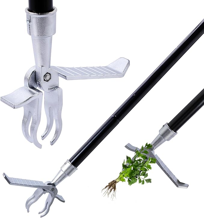 Yocada Stand Up Weed Puller Tool 62.59“ Long Handle 4-Claw Steel Head Design Weeder Stick Easily Remove Weeds Roots Remover for Garden & Lawn Care
