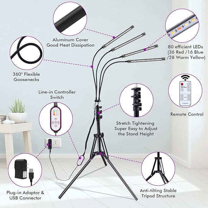 Plant Grow Lights for Indoor Plants Full Spectrum, LED Floor Plant Lights for Indoor Growing with Adjustable Stand (14"-63"), Indoor Plant Grow Lamp with Timer, Auto On/Off for House Plants