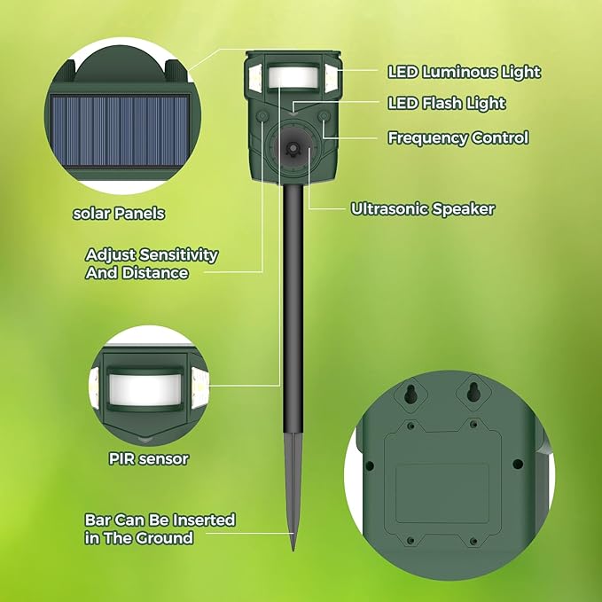 2025 Upgraded Solar Ultrasonic Animal Repellent Outdoor – Motion Activated Deer, Squirrel, Cat, Raccoon, Dog & Bird Ultrasonic Sweep for Yard, Garden, Farm, 2PC