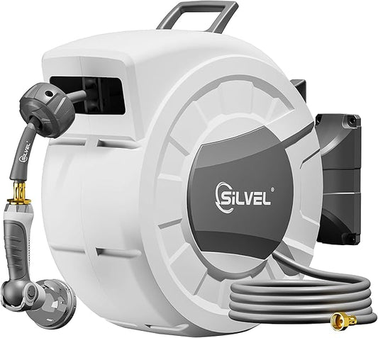 SILVEL Retractable Garden Hose Reel, 1/2 in x 100ft Wall Mount Heavy Duty Automatic Hose Reel with 10 Pattern Nozzle, Any Length Lock & Slow Return System, 180°Swivel Bracket Upgraded UV Resistant