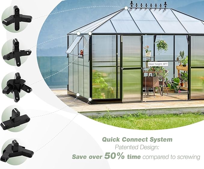 AMERLIFE 14x9.5x9FT Walk-in Polycarbonate Greenhouse with Quick Connector, Fast Assembly Aluminum Greenhouse for Outdoors, Swing 2 Doors, Black