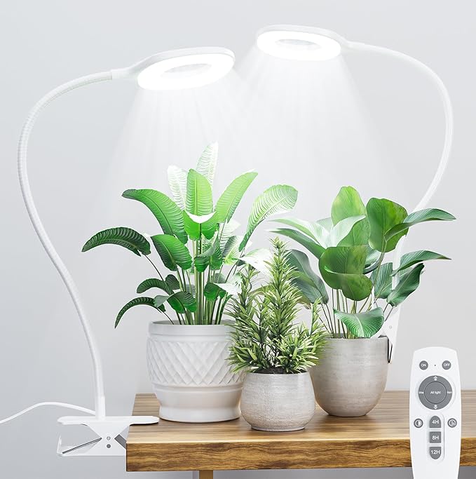 Full Spectrum Grow Lights for Indoor Plants, Clip On Plant Lights for Indoor Growing with 4/8/12H Timer, 3 Light Modes, 10 Dimmable Levels, Adjustable Gooseneck, Remote Control, 2-Pack