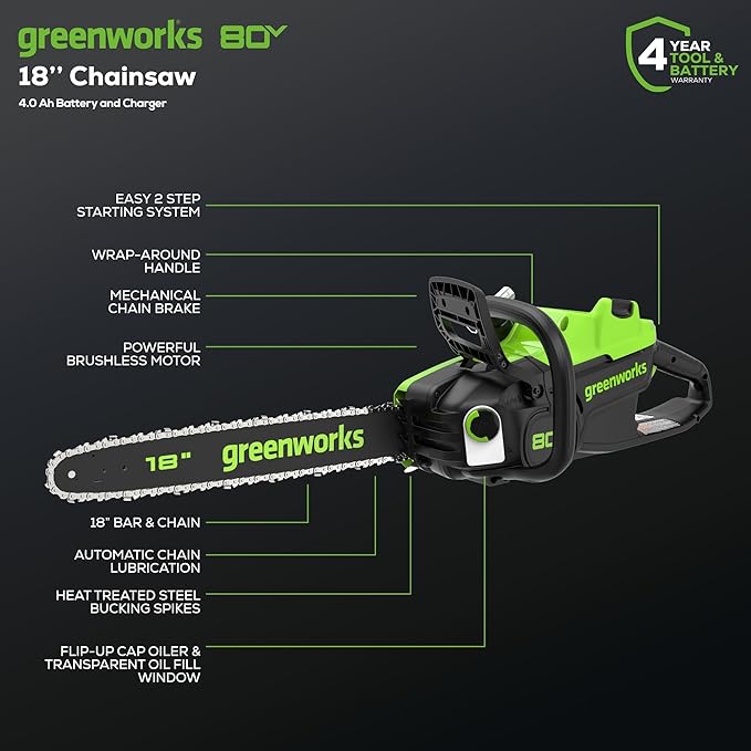 Greenworks 80V 18" Brushless Cordless Chainsaw (Great For Tree Felling, Limbing, Pruning, and Firewood), 75+ Compatible Tools, 4.0Ah Battery and Charger Included