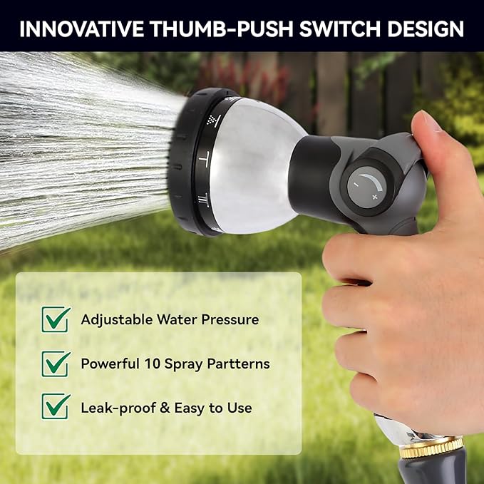 Garden Water Hose Nozzle Metal Heavy Duty Sprayer Thumb Control with 10 Spray Modes Suitable for Watering Plants, Iawn and Garden, Car Washing, Cleaning, Showering Pets and Outdoor Fun, Gray