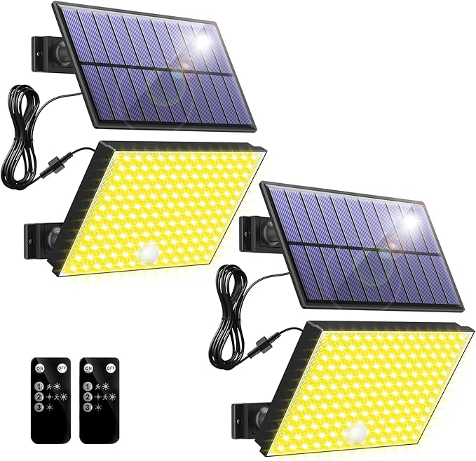400LED Solar Lights Outdoor Waterproof, 3 Modes & Remote Control Motion Sensor Outdoor Light, Solar Flood Lights with 16.4ft Cable for Garden, Garage, Patio, Pathway (Warm Yellow 2 Pack)