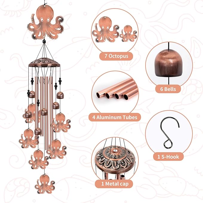 Octopus Wind Chimes for Outside, Large Octopus Gifts for Women, Marine Animal Wind Chime, Metal Octopus Decor, 40" Outdoor Garden Decor for Lawn, Porch, Patio, Yard