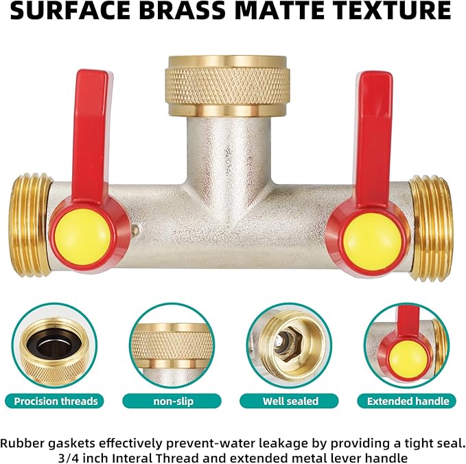 2 Way Hose Splitter, Brass High Flow Garden Hose Splitter Heavy Duty, Hose Connector, Water Spigot Splitter, Full Flow Faucet Splitter with shutoff, 3/4” GHT Inlet