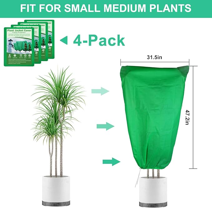 4 Pack Plant Covers Freeze Protection 31.5" x 47" - 2.2oz Trees Covers Frost Blanket Plant Frost Cloth for Outdoor Plants Shrubs Flower Fruit with Zipper Drawstring Green