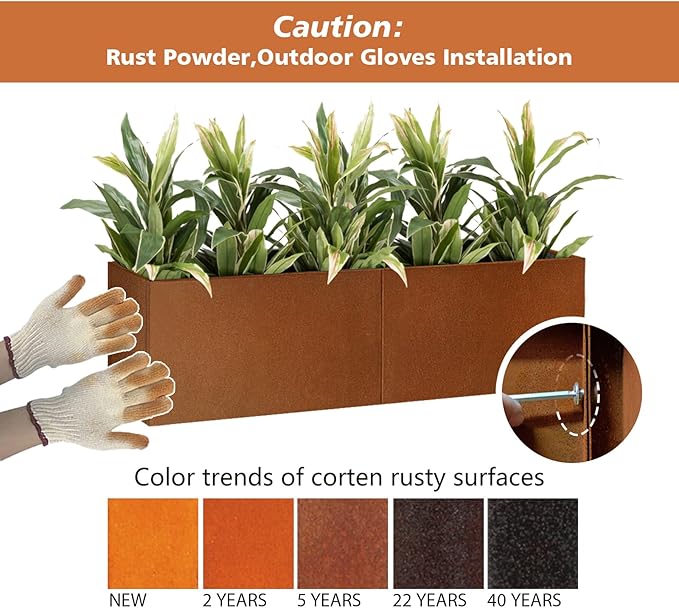 Corten Steel Corner Metal Planter Box L36 x W12 x D16 Rusted Garden Steel Planter Pot for Patio Modern Farmhouse Rustic Design (L36 x W12 x D16, Rusted)