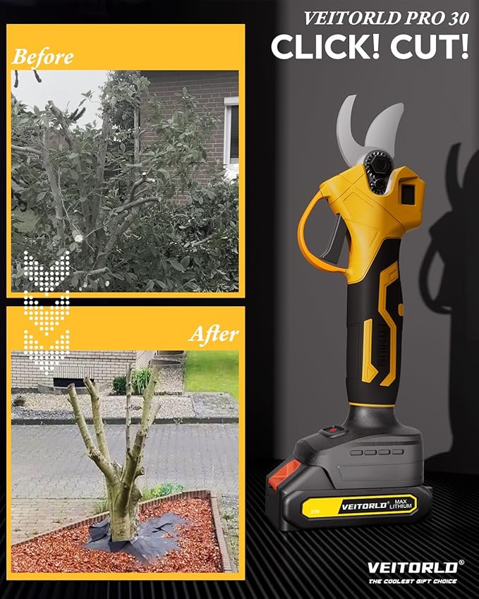 21V Electric Pruning Shears, Cutting Diameter 30mm 1.2" Efficiently Cordless Pruners with LCD Display, 2.0Ah Battery & SK5 Blade for Tree Gardening Branch Cutter, Gifts for Men Dad Him Christmas