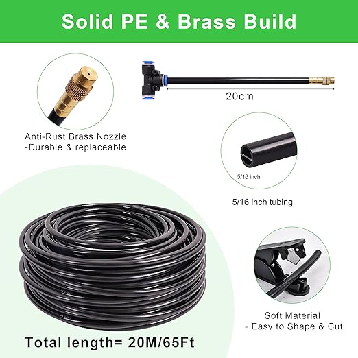 Drip Irrigation Kit, Flexible 360°Adjustable Watering System with Nozzle Control, Misting Hose for Garden, Greenhouse, Lawn, Yard & Potted Plants (65 Feets)