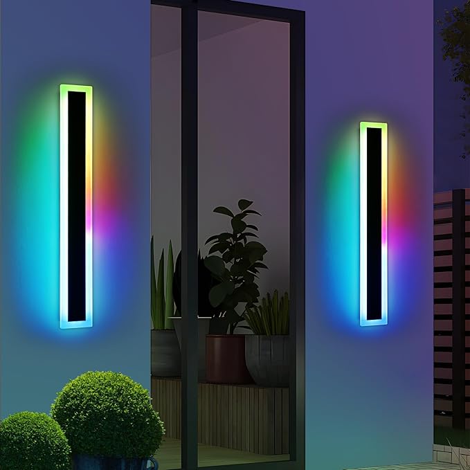 Widened 2 Pack Long RGB LED Wall Lights, 39.3inch Modern Dimmable Outdoor Sconces, 10 Colors, Remote Control, IP65 Waterproof, Garage Wall Mount Lighting Fixtures for Entryway, Yard, Patio