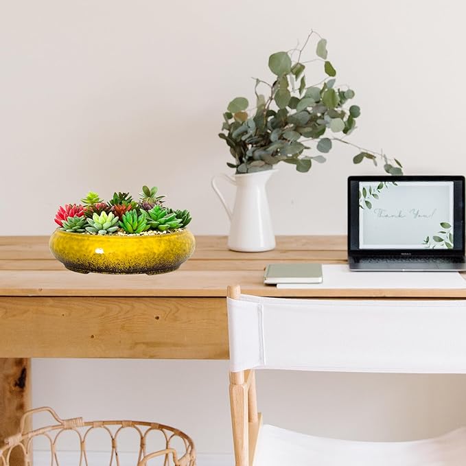 Succulent Pots - 11.5 Inch Ceramic Bonsai Pots with Drainage, Large Shallow Succulent Planters for Indoor Outdoor Plants, Round Glazed Cactus Flower Plant Container Bowl Home Desk Decor(Yellow)