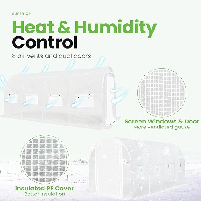 KING BIRD Premium 15x6.6x6.6FT Greenhouse for Outdoors, Large Walk-in Upgraded Galvanized Metal Frame, Mesh Door Screen Window Improved Zipper Tunnel Hoop for Garden Plant Winter, White