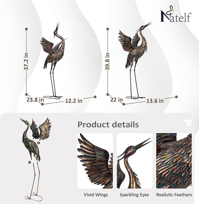 Natelf Garden Crane Statues, Outdoor Large Bird Yard Art Decorations Metal Lawn Ornament for Home Patio Porch Backyard Decorations(Set of 2)