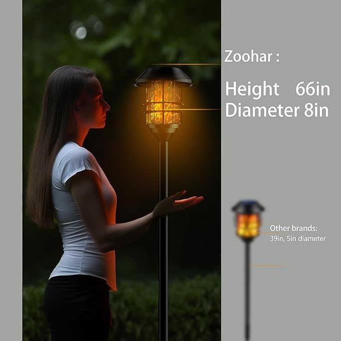 ZOOHAR Solar Outdoor Lights,Extra-Tall Solar Torches with Flickering Flame 2-Pack Waterproof Garden Lights,Stainless Steel Pathway Lighting Garden Decor, Yard Decorations Outdoor Auto On/Off
