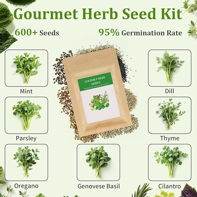 10-Set Indoor Herb Garden Starter Kit, 7 Seeds Growing into Basil, Parsley, Thyme, Mint, Cilantro, Dill, Oregano Including 10 White Pots, Markers, Nutritional Soil, Ideal Christmas Gifts for Women