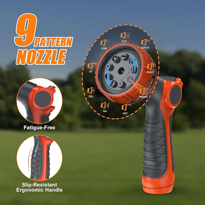 NEOTEC Retractable Garden Hose Reel 5/8 inch x 90ft - Wall Mounted Heavy Duty Hose Reel with 3/4 Inch Brass Fittings & 9-Pattern Nozzle - Auto Rewind System, Any Length Lock, 180° Swivel Bracket