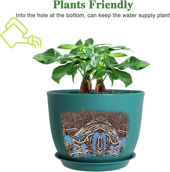 12inch Large Plant Pot, Modern Plastic Planter with High Driange Holes and Saucer for Indoor Outdoor Garden Plants and Flowers, Black with Green Speckles