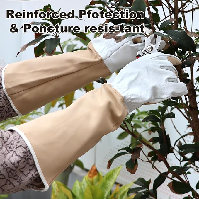 Long Gardening Gloves Men & Women Breathable Cowhide Leather Rose Pruning Thorn Proof Durable Heavy Duty