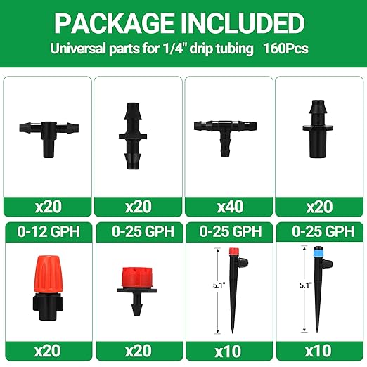 160 Pcs Adjustable Irrigation Emitters, Mister Nozzles, Drippers, Sprayers, Barbed Connectors, Irrigation Parts for 1/4" Tubing Garden Watering System (Tubing Not Included)
