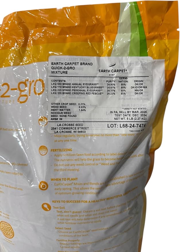 Quick-2-Gro,La Crosse Seed, Medium to Course Texture Turfgrass, Lush Lawn, 5 lbs