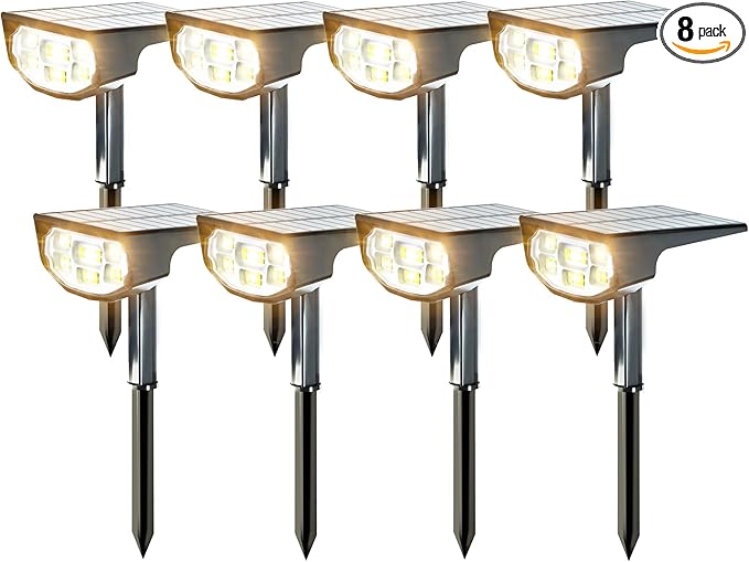 Solar Spot Lights Outdoor IP68 Waterproof, Ultra-Bright Performance,Simple Modes for Easier Operation, Auto On/Off,Solar Powered Landscape Lights for Garden, Yard, Pathway (Warm White, 8 Pack)