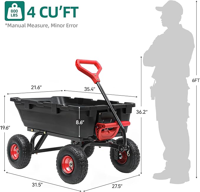 800lbs Garden Dump Cart, Heavy Duty Yard Dump Wagon with 10" Pneumatic Tires, Utility Wheelbarrow cart for Yard, Farm and Garden