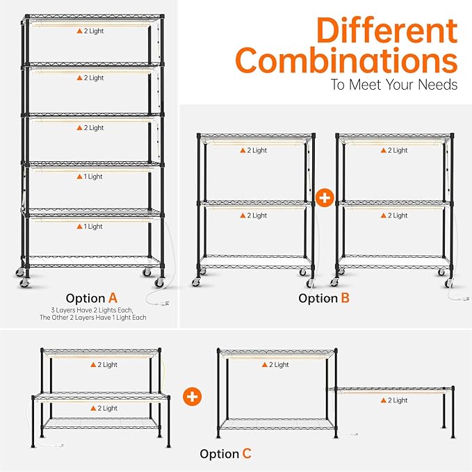 Bstrip DIY Plant Shelf with Grow Light, Grow Light Shelf with Adjustable Rack and Wheels, Plant Stand, 8-Pack 192W T8 Full Spectrum Lamps, ideal for Seed Starting, Seed Tray, 29.5"L x 13.8"W x70.9"H