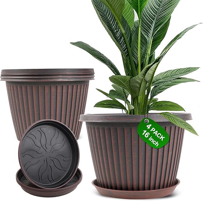 Large-Planter-Indoor-Outdoor Plant Pots, 16 inch 4 Pack Plastic Flower Pots with Saucer And Drainage Holes, Modern Garden Planters For Planting Medium Large Plants, Decorative Resin Garden Pots