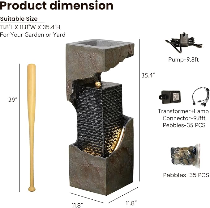 35.4" H Water Fall Fountains Indoor Waterfall Fountain Outdoor with LED Lights Floor-Standing for Outside Garden, Patio, Backyard, Deck Decor, Pool, Porch, Landscaping, Balconies