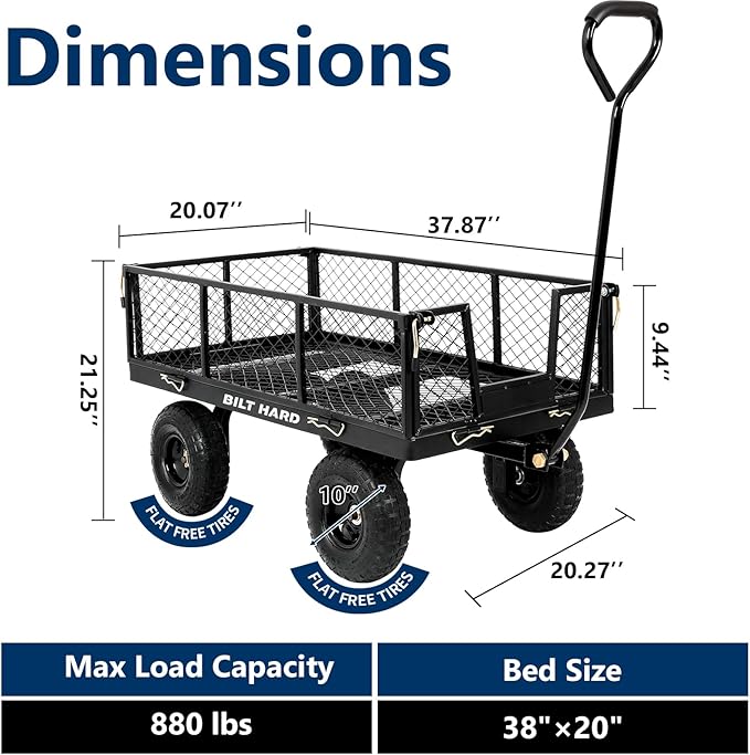 BILT HARD 880 lbs 10" Flat Free Tires Steel Garden Cart with 180° Rotating Handle and Removable Sides, Heavy Duty 4 Cu.Ft Capacity Utility Garden Carts and Wagons, Black