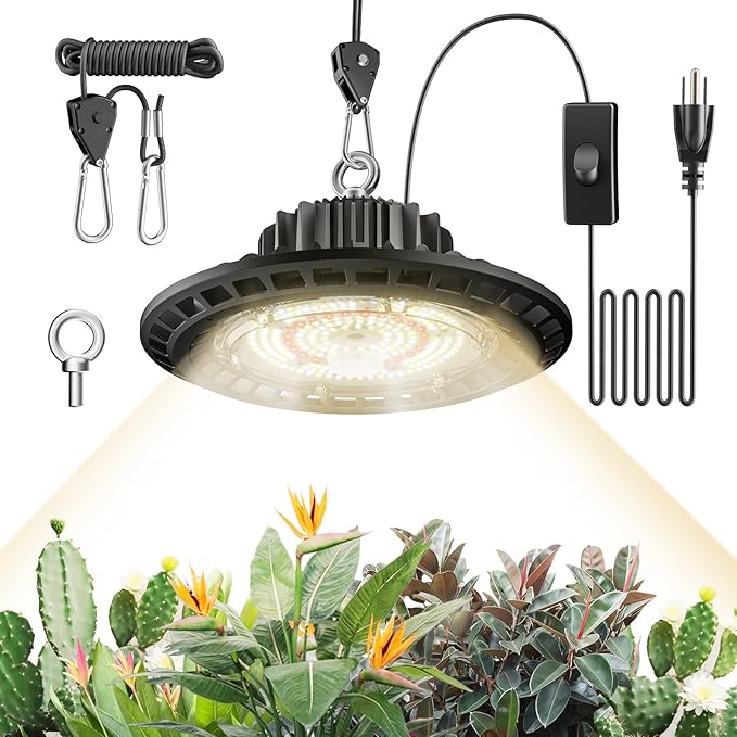 100W Hanging LED Grow Light for Indoor Plants, Full Spectrum UFO Lamp, IP65 Waterproof, 9.8 ft Cord with On/Off Switch, Smart Plug Compatible for Hydroponics, Greenhouse, Grow Tent