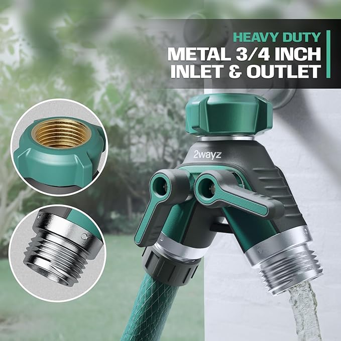 2WAYZ Dual Outlet Water Hose Splitter - Heavy-Duty Brass Y Connector, 360° Rotation, Easy Installation, Leak-Proof Design with Spigot Extender - Ideal for Garden, Washing Machines, Outdoor Faucets