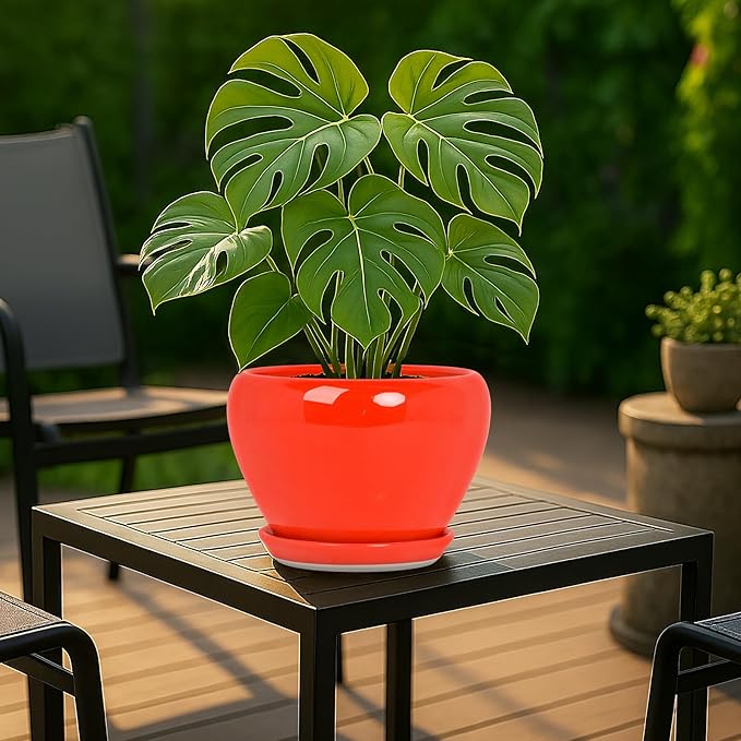 Deep Dream 8 Inch Plant Pots- Ceramic Pots for Plants with Drainage Hole and Saucer, Large Planter Pot for Indoor Plants Outdoor Decor, Red